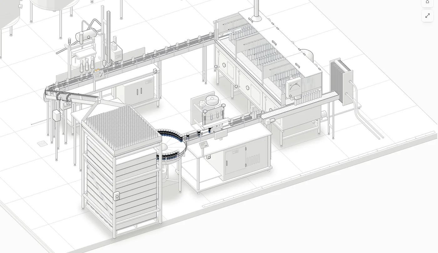 Isometric technical drawing of the canning line, every machine drawn in fine line.