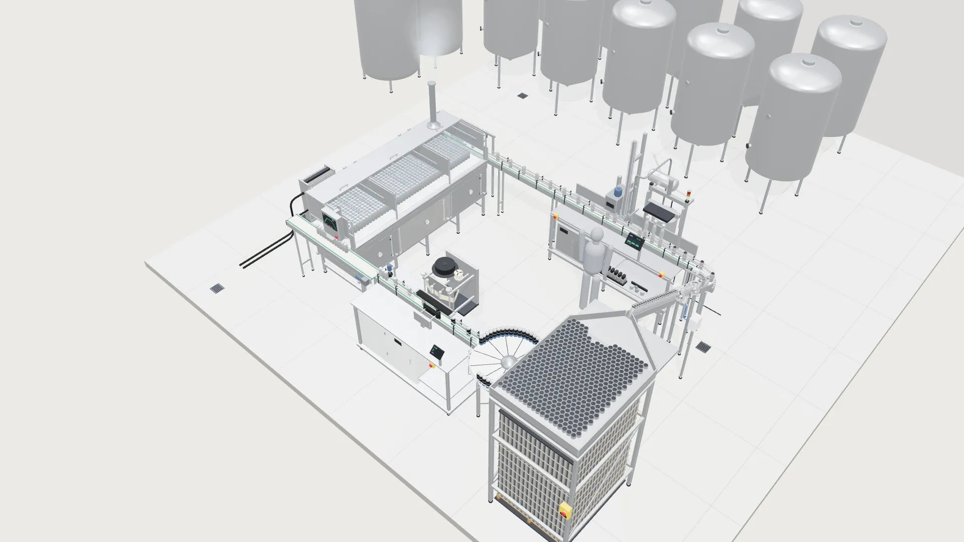 The GrowTopia canning room in 3D, seen from the south-east corner: the shaker table and pasteurizer in front, the filler and labeler behind, brew tanks at the back.