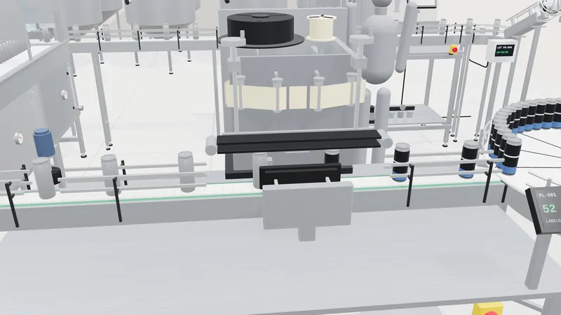 The PL-501 labeler with its label reel above the conveyor.