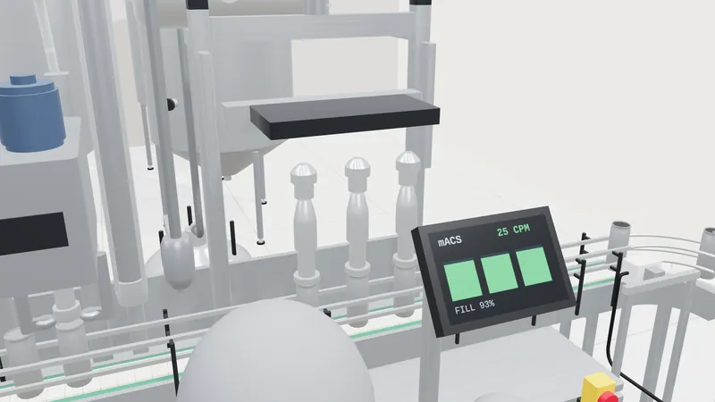 The mACS canner's control screen reading 25 cans per minute beside the fill heads.