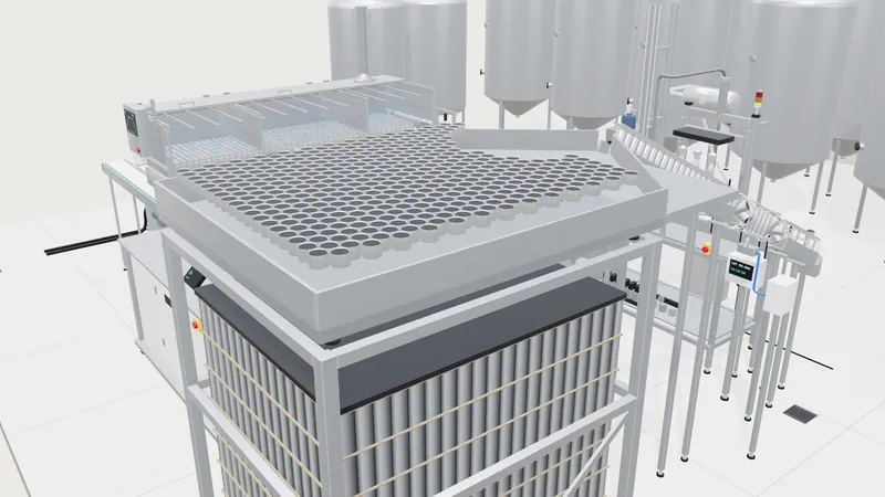 The shaker table, its deck of empty cans on top of the lift cage.