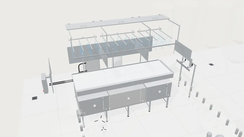 The Tunnel of Love pasteurizer taken apart: roof, spray headers and utility skid lifted clear of the bed.